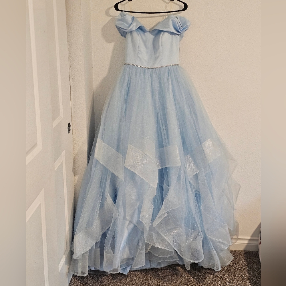 JJs House Light Blue Off-Shoulder Tulle Ball Gown